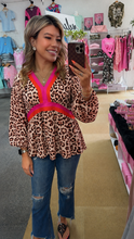 Load image into Gallery viewer, Khaki Cheetah Color Block V Neck Blouse
