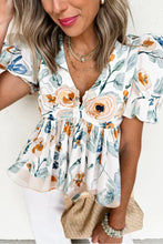 Load image into Gallery viewer, Green Floral Print Puff Sleeve V Neck Babydoll Blouse
