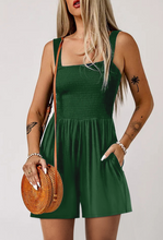 Load image into Gallery viewer, Green Casual Pocketed Smocked Sleeveless Romper
