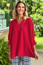 Load image into Gallery viewer, Fiery Red V Neck Collared Shirred 3/4 Sleeve Oversized Tunic Top
