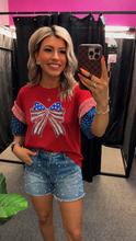 Load image into Gallery viewer, Fiery Red Patriotic Sequin Bow Blouse
