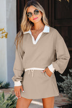 Load image into Gallery viewer, Parchment Raw Edge Detail Colorblock Patchwork Cropped Pullover Drawstring Skirt Set
