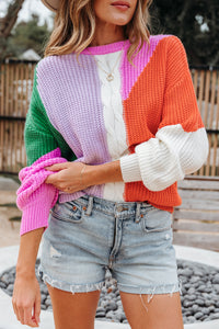 Desert Gold Color Block Textured Knit Drop Shoulder Loose Fit Sweater