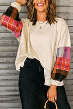 Load image into Gallery viewer, Beige Contrast Plaid Long Sleeve Exposed Seam Patchwork Top
