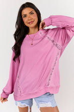 Load image into Gallery viewer, Bright Pink Lace Patched Raglan Sleeve Loose Fit Sweatshirt
