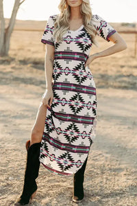 "WAITLIST" Beige Western Aztec Printed Long T-shirt Dress