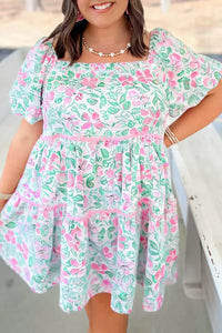White Floral Print Ric-rac Trim Square Neck Plus Size Mini Dress