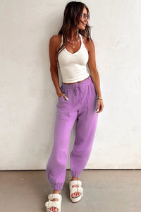 Lilac Drawstring Elastic Waistband Solid Color Jogger Pants