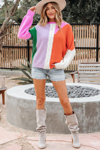 Desert Gold Color Block Textured Knit Drop Shoulder Loose Fit Sweater