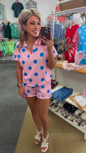 Load image into Gallery viewer, Pink Polka Dot V Neck Tee Short Set
