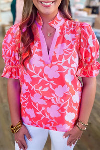 "WAITLIST" Red Floral Split V Neck Ruffled Short Sleeve Blouse Top