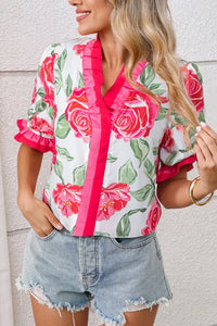 "WAITLIST" Rose Floral Frilled V Neck Short Sleeve Blouse Top