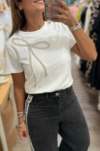 "WAITLIST" White Rhinestone Bow Embellished Round Neck Tee