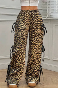 Brown Leopard Print Bow Tie Drawstring Elastic Waist Loose High Waist Pants