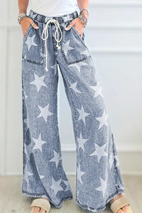 "WAITLIST" Light Blue Star Print Light Wash Drawstring High Waist Wide Leg Jeans