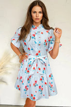 Load image into Gallery viewer, &quot;Waitlist&quot; Sky Blue Stripe Floral Pattern Ruffle Short Sleeve Belted Mini Dress
