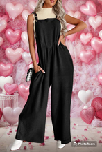 Load image into Gallery viewer, Black Textured Buttoned Straps Ruched Wide Leg Jumpsuit
