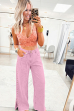 Load image into Gallery viewer, Pink Beaded Side Split Loose Jeans
