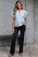 Load image into Gallery viewer, Beau Blue Contrast Leopard Trim Split Neck Puff Sleeve Blouse
