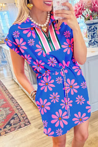 "WAITLIST" Purple Floral Striped Quarter Zip Cap Sleeve Drawstring Waist Mini Dress