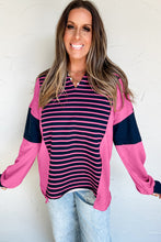 Load image into Gallery viewer, Pink Stripe Color Block V Neck Loose Fit Long Sleeve Top

