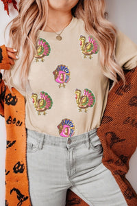 "WAITLIST" Khaki Sequin Turkey Patched Thanksgiving Graphic Tee