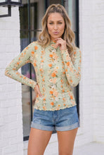 Load image into Gallery viewer, Mint Floral Print Mesh Mock Neck Long Sleeve Top
