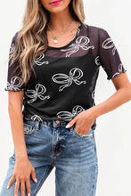 Load image into Gallery viewer, Black Bow Printed Mesh Short Sleeve Top
