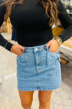 Load image into Gallery viewer, Dusk Blue Acid Wash Bowknot Details High Waist Denim Skirt
