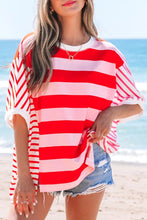 Load image into Gallery viewer, Pink Stripe Patchwork Round Neck Side Split Loose T Shirt
