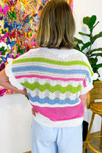 Load image into Gallery viewer, White Colorblock Crochet Knit Ruffled Short Sleeve Sweater Top
