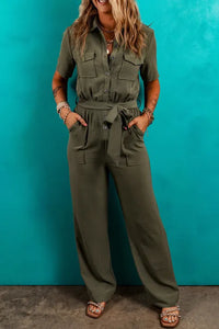 "WAITLIST" Moss Green Half Button Belted Utility Short Sleeve Jumpsuit