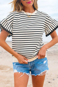 "WAITLIST" Black Stripe Scallop Lace Trim Ruffle Short Sleeves Crewneck Top