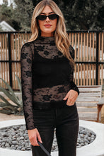 Load image into Gallery viewer, Black Sheer Floral Lace Mesh Mock Neck Long Sleeve Top
