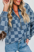 Load image into Gallery viewer, Sky Blue Checkerboard Zipped Neck Kangaroo Pocket Denim Hoodie
