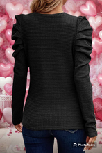 Load image into Gallery viewer, Black Solid Color Textured Buttoned Gigot Sleeve Top
