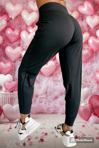 Black Exposed Seam High Waist Pocketed Joggers