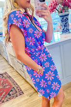 Load image into Gallery viewer, &quot;WAITLIST&quot; Purple Floral Striped Quarter Zip Cap Sleeve Drawstring Waist Mini Dress
