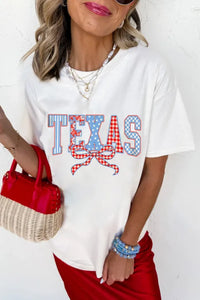 "WAITLIST" White Independence Day TEXAS Bow Printed T Shirt