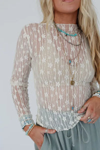 "WAITLIST" White Sheer Floral Lace Long Sleeve Slim Fit Top