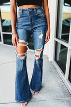 Load image into Gallery viewer, Blue High Waist Distressed Cutout Flare Leg Jeans
