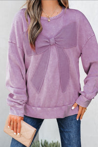 "WAITLIST" Orchid Mineral Wash Big Bow Patchwork Pullover Sweatshirt