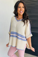 Load image into Gallery viewer, White Striped V Neck Dolman Sleeve Rib Knit Oversized Sweater with Slits
