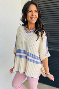 White Striped V Neck Dolman Sleeve Rib Knit Oversized Sweater with Slits