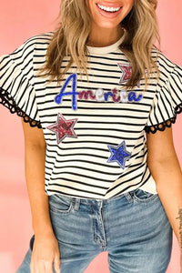 "WAITLIST" Black Stripe Sequin America Star Graphic Ric Rac Flutter Sleeve Blouse