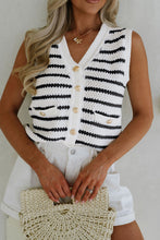 Load image into Gallery viewer, Black Stripe V Neck Gold Buttons Elegant Sweater Vest
