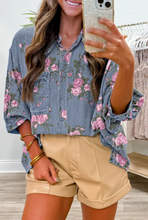 Load image into Gallery viewer, Blue Bracelet Sleeve Floral Denim Shirt
