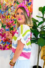 Load image into Gallery viewer, White Colorblock Crochet Knit Ruffled Short Sleeve Sweater Top
