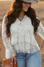 Load image into Gallery viewer, White Tie V Neck Lace Ruffle Detail Long Sleeve Blouse
