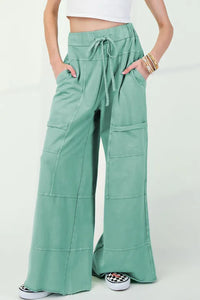 "WAITLIST" Mint Green Mineral Wash Exposed Seam Drawstring High Waist Wide Leg Cargo